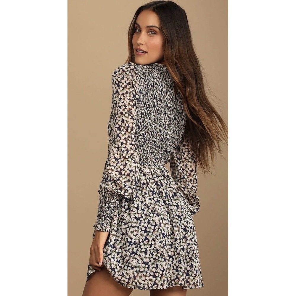 Lulus Navy Blue Floral Smocked Long Sleeve Mini Dress Large NWT